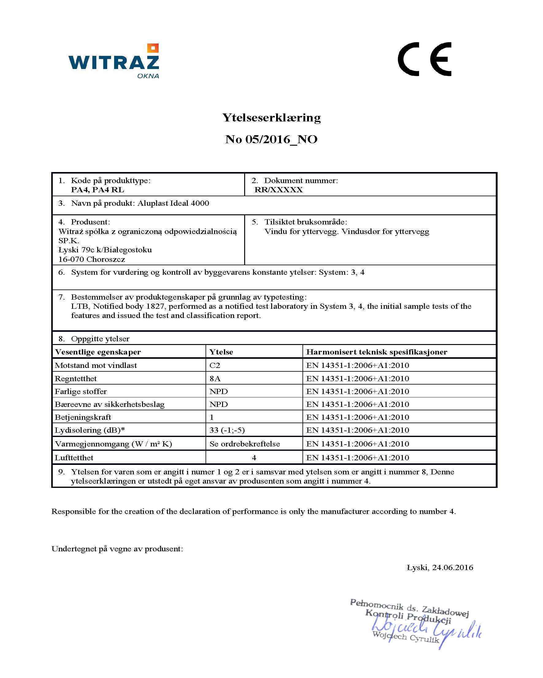 Ytelseserklæring PVC