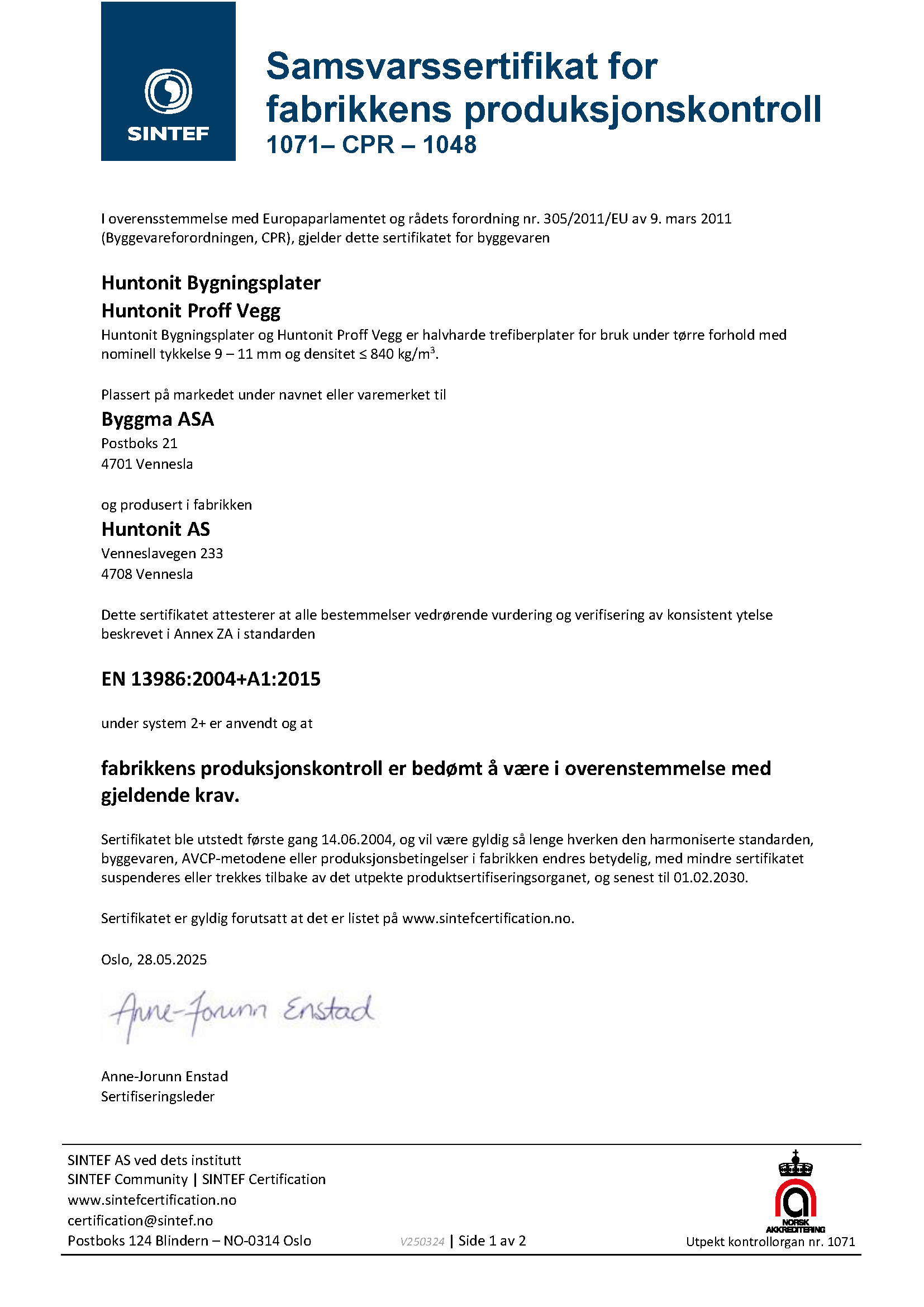 Samsvarssertifikat EI30 Toppsving CPR 7018