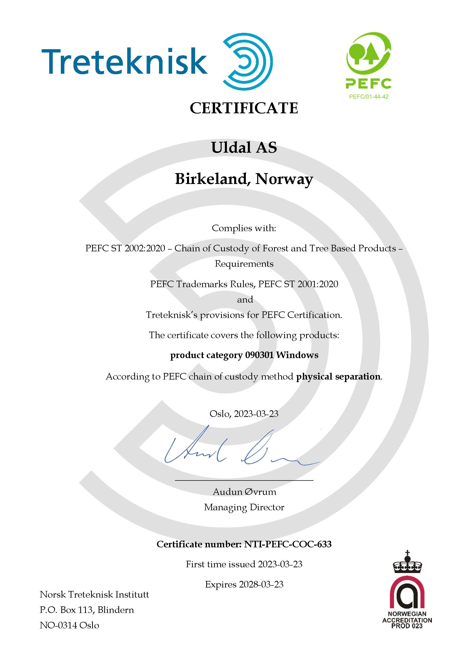 Uldal PEFC Sertifikat